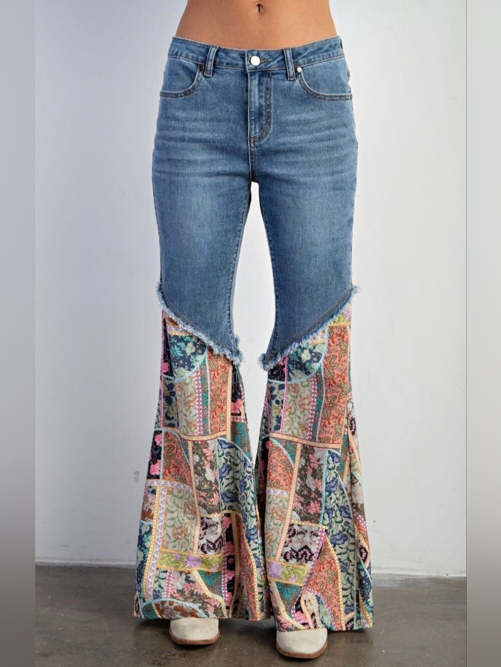 NWOT Easel Patchwork Flare Jeans - Blue Multicolor